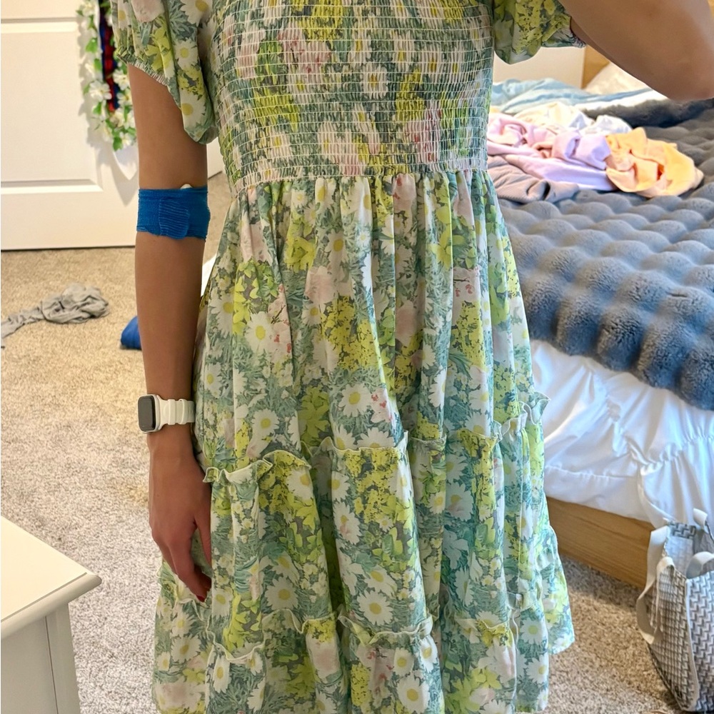 Pink Ripple green floral babydoll dress